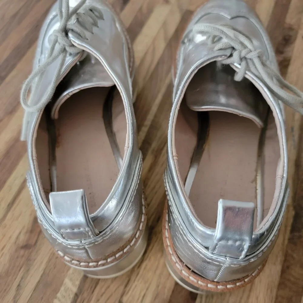 Zara Basic Platform Metallic Silver Mirror Oxfor Brogues Lace Up Shoes
